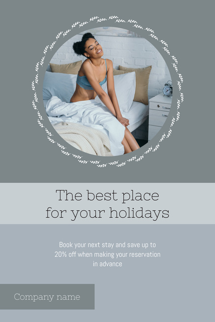 Ontwerpsjabloon van Pinterest van Stylish Happy Young Woman Relaxing in Bed in Hotel Room