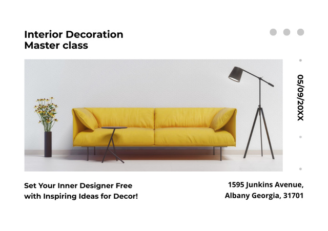 Interior Decoration Masterclass Ad with Yellow Couch and Lamp Flyer A5 Horizontal Modelo de Design