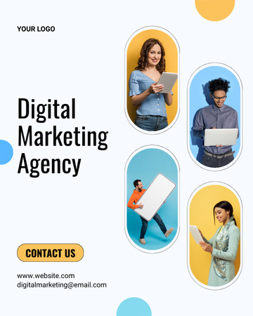 Template di design Digital Marketing Agency Services with Young Colleagues in Office Instagram Post Vertical