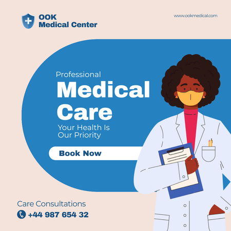 Medical Care Services with Illustration of Doctor in Mask Animated Post Design Template