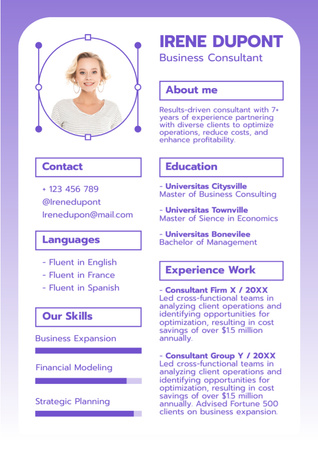 Plantilla de diseño de Lista de habilidades y experiencia del consultor empresarial Resume 