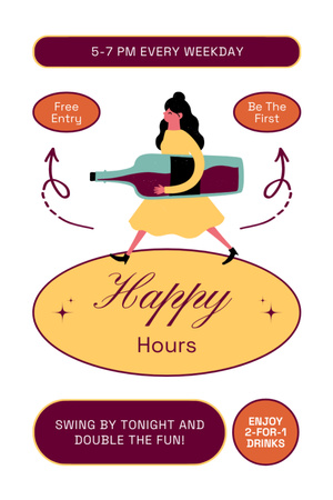 Plantilla de diseño de Feliz hora de beber con linda ilustración de mujer con botella Tumblr 