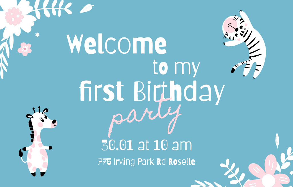 Template di design First Birthday Party Announcement with Cartoon Animals Invitation 4.6x7.2in Horizontal
