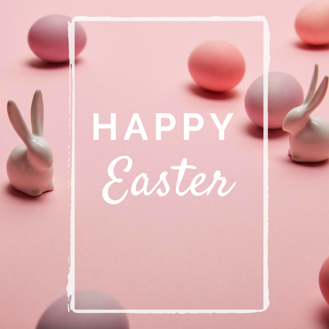 Happy Easter Greeting with Pink Rabbits and Eggs Instagram Tasarım Şablonu