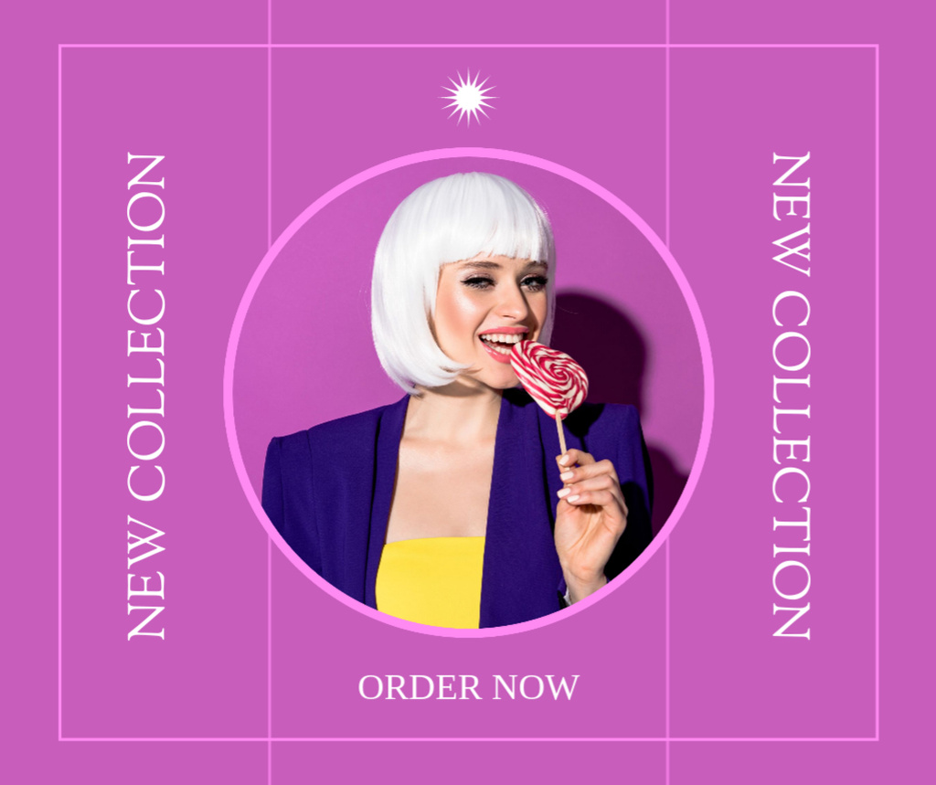 Designvorlage Sale Announcement of New Collection with Attractive Blonde with Lollipop für Facebook