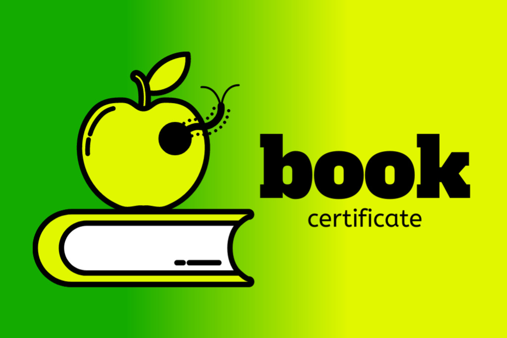Ontwerpsjabloon van Gift Certificate van Bookstore Offer with Green Apple on Book