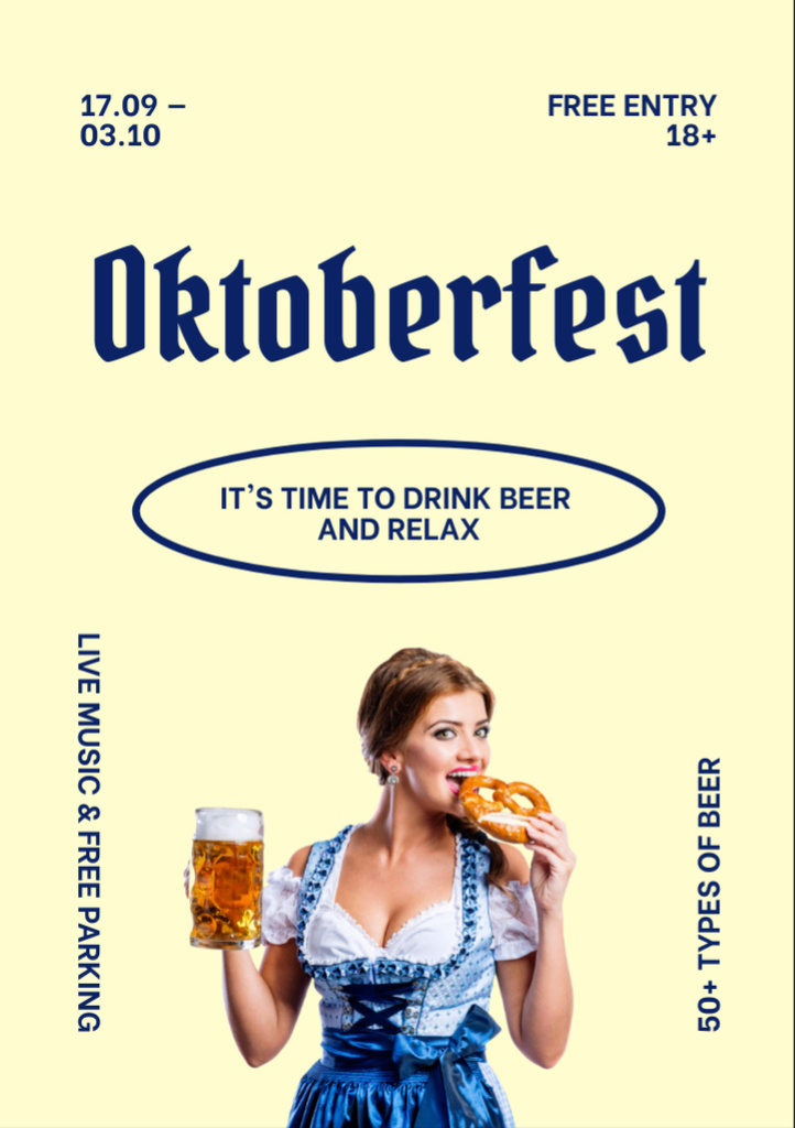 Oktoberfest Celebration Announcement with Woman eating Bagel Flyer A7 Design Template