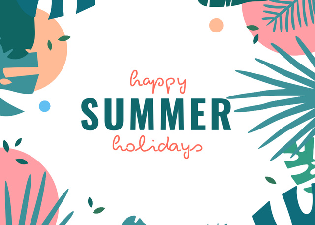 Ontwerpsjabloon van Postcard 5x7in van Happy Summer Holiday Greeting with Pink and Green Leaves