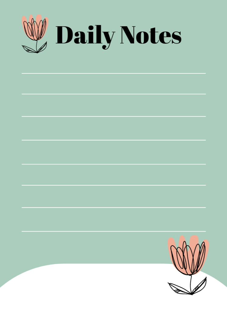 Daily Notes with Cute Flowers In Green Notepad 4x5.5in Design Template