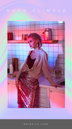 Modèle de visuel Fille en paillettes Vêtements posant sur la cuisine - Instagram Story
