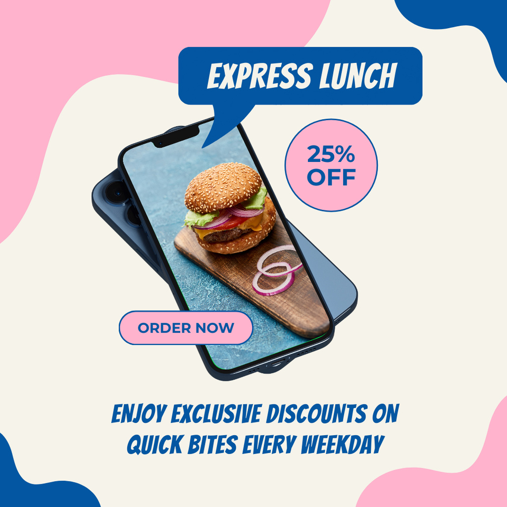Express Lunch Discount Ad with Burger on Phone Screen Instagram Design Template