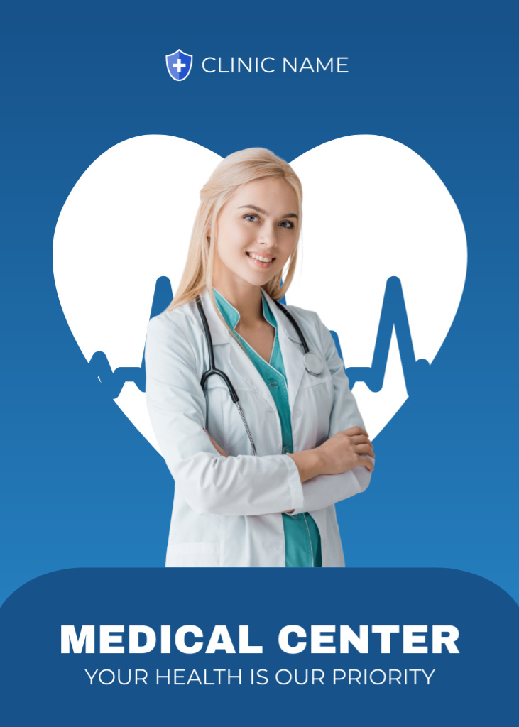 Healthcare Medical Center Ad with Smiling Doctor Flayer Šablona návrhu