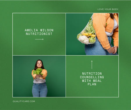 Oferta de serviços de nutricionista com mulher segurando saco de legumes Facebook Modelo de Design