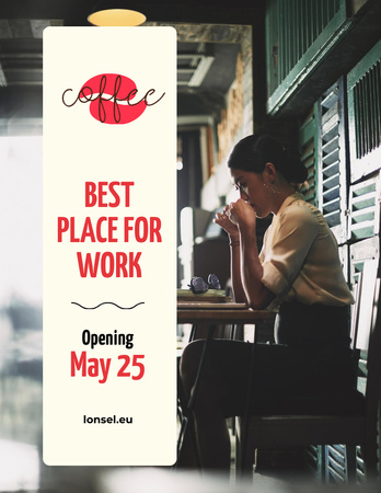 Plantilla de diseño de Anuncio de apertura de café con mujer bebiendo café en Cozy Cafe Flyer 8.5x11in 
