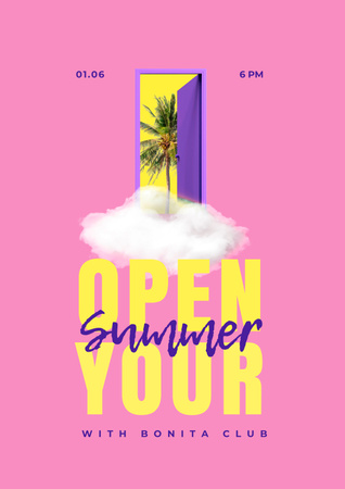 Anúncio de festa de verão com palmeira na porta Poster Modelo de Design