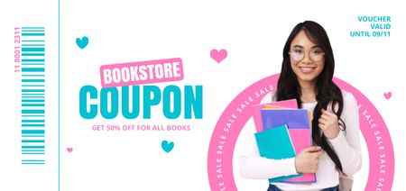 Bookstore Discount Voucher with Young Girl Student Coupon Din Large – шаблон для дизайна