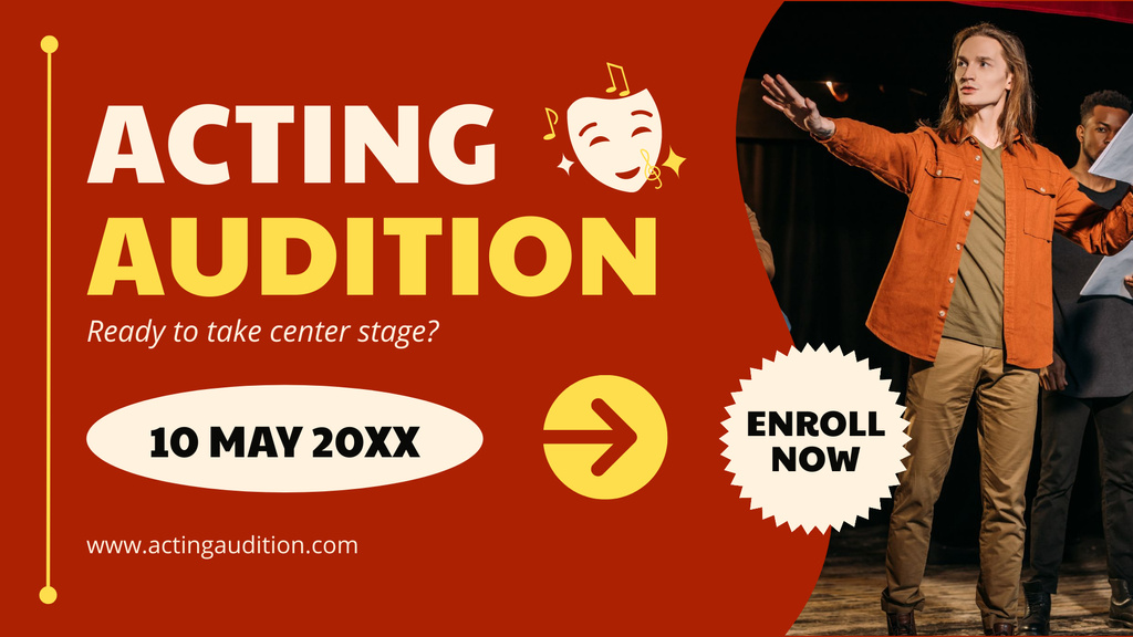 Acting Audition Announcement with Man in Center Stage FB event cover Modelo de Design