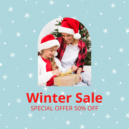 Winter Sale Announcement with Cute Family in Santa's Hats Instagram Design Template