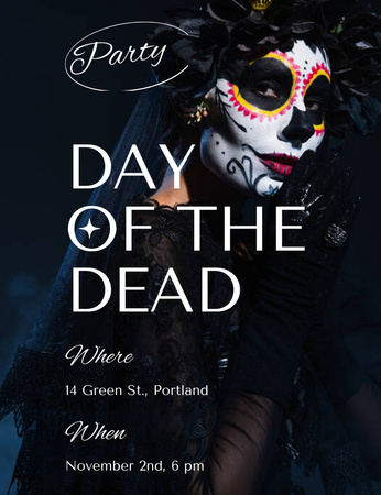 Day of the Dead Holiday Party Announcement with Woman in Scary Costume Invitation 13.9x10.7cm Design Template