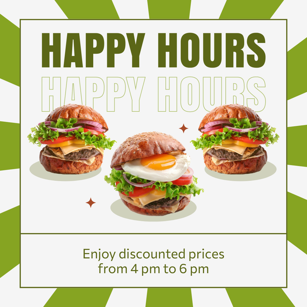 Happy Hours Ad at Fast Casual Restaurant with Egg Burgers Instagramデザインテンプレート