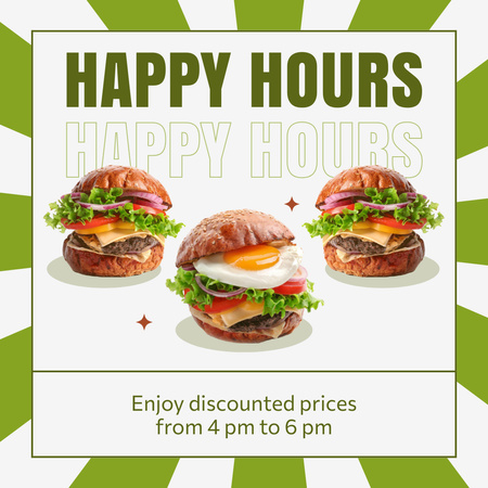 Reklama Happy Hours v rychlé neformální restauraci s vaječnými hamburgery Instagram Šablona návrhu