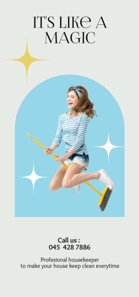 Funny Cleaning Woman Flying on Broom Flyer DIN Large – шаблон для дизайну