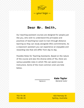 School Letter About Teaching Assistance Courses Letterhead 8.5x11in Design Template