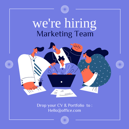 Plantilla de diseño de Equipo de marketing contratación violeta ilustrado LinkedIn post 