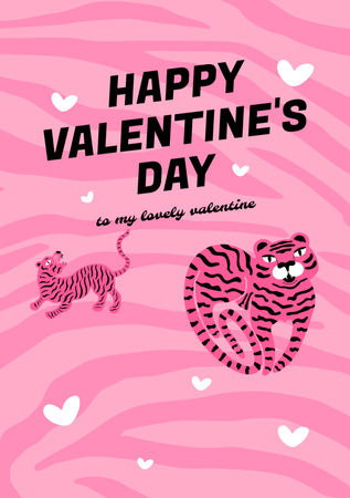 Valentine's Day Congratulation With Lovely Tigers Postcard A5 Vertical Design Template