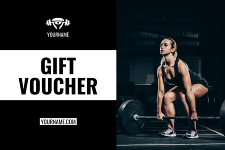 Platilla de diseño Athletic Woman Lifting Barbell at Gym Gift Certificate