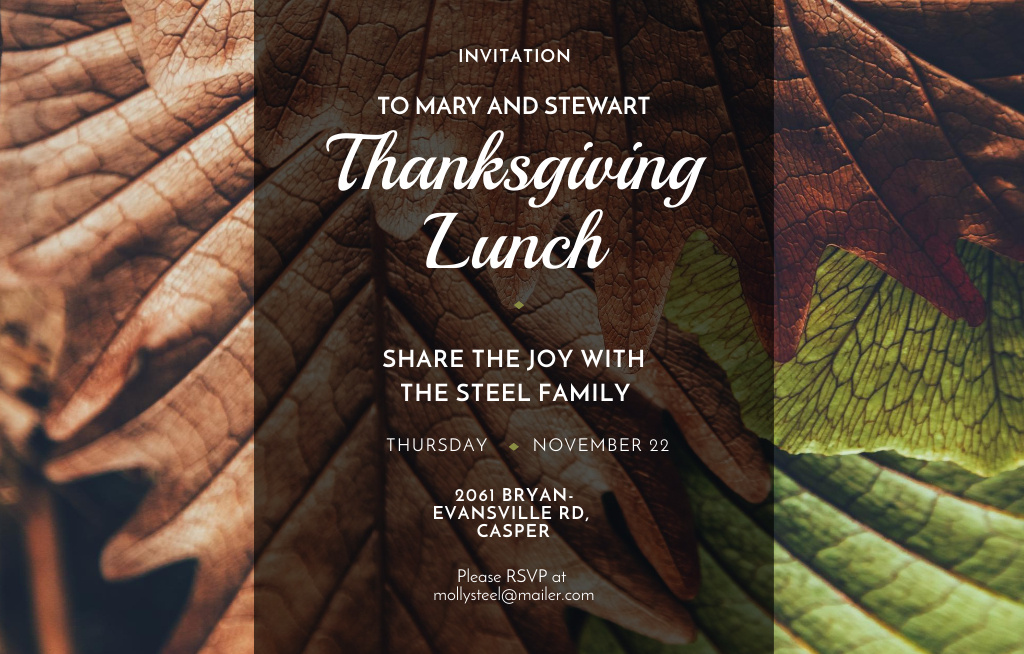 Thanksgiving Lunch Ad with Autumn Leaves Invitation 4.6x7.2in Horizontal Design Template