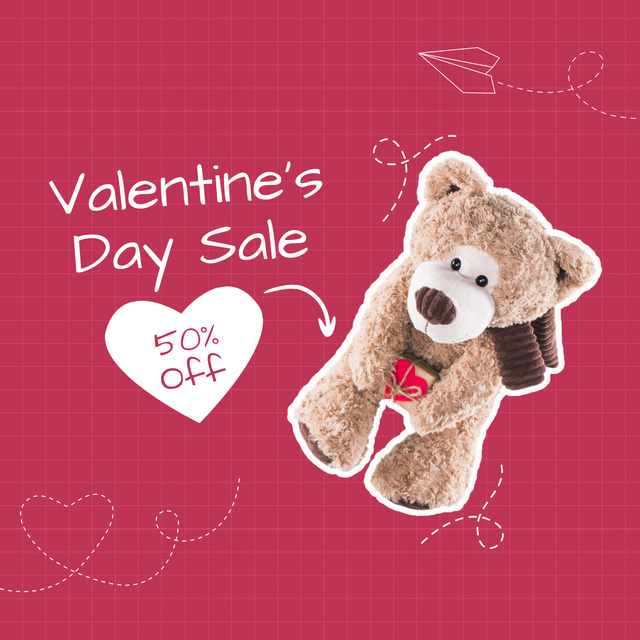 Valentine's Day Sale Announcement with White Teddy Bear Instagram AD tervezősablon