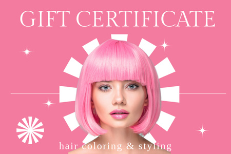Ontwerpsjabloon van Gift Certificate van Offer of Hair Coloring and Styling with Woman with Bright Hair