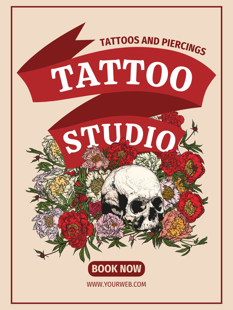 Ontwerpsjabloon van Poster US van Skull With Flowers And Tattoo Studio Services