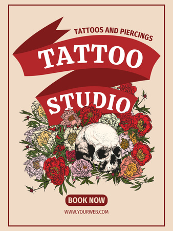 Skull With Flowers And Tattoo Studio Services Poster US Design Template