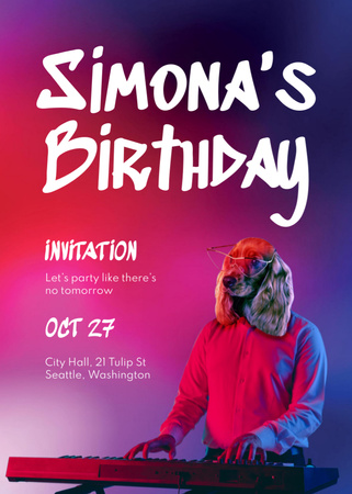 Birthday Party Announcement with Dog playing on Synthesizer Invitation Πρότυπο σχεδίασης