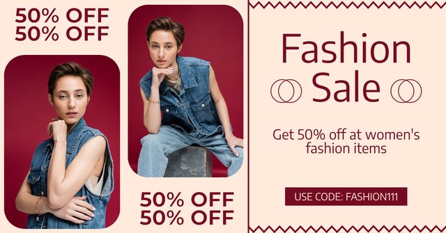 Fashion Sale with Woman in Stylish Denim Vest Facebook AD Modelo de Design