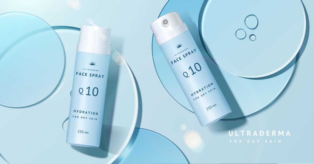 Skincare offer with Blue Cosmetic Bottles Facebook ADデザインテンプレート