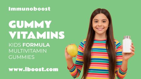 Ontwerpsjabloon van Label 3.5x2in van Nutritional Gummy Vitamins Aanbieding met lachend meisje