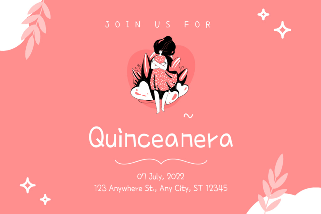 Designvorlage Quinceañera Celebration Announcement With Illustration In Pink für Postcard 4x6in