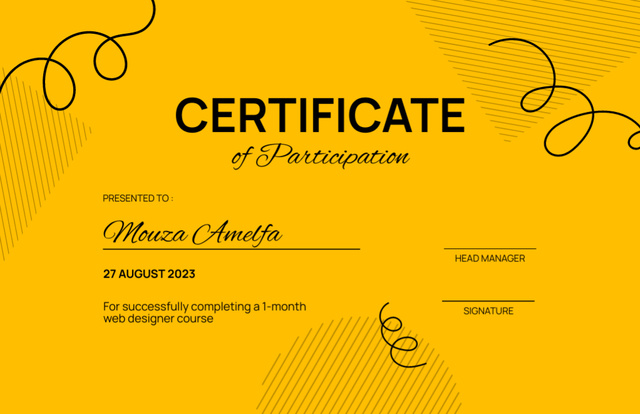Design Course Participation Award in Yellow Certificate 5.5x8.5in Design Template