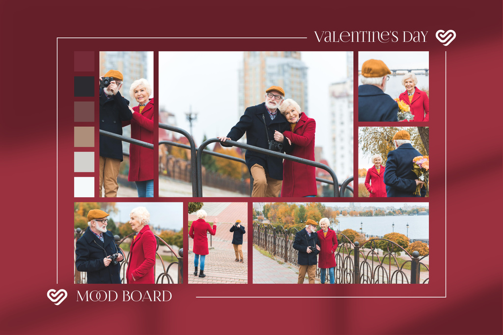 Valentine's Day Collage with Elderly Couple in Love Mood Boardデザインテンプレート