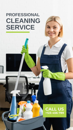 Cleaning Services Ad with Girl in Green Gloves Instagram Video Story Modelo de Design