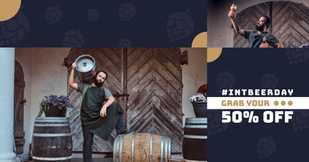Template di design Beer Day Offer with Brewer holding Barrels Facebook AD