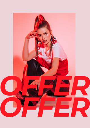 Template di design Bella giovane donna alla moda sul rosso Poster
