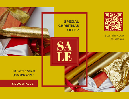 Szablon projektu Christmas Sale Offer with Gifts Bows and Wrapping Invitation 13.9x10.7cm Horizontal