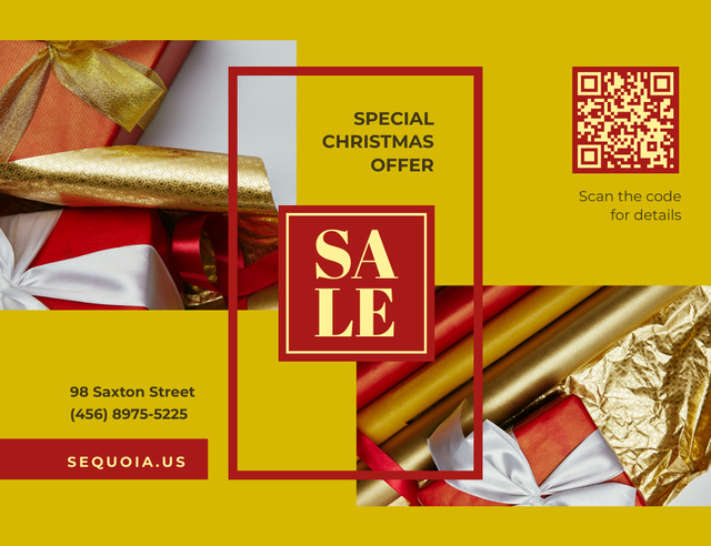 Designvorlage Christmas Sale Offer with Gifts Bows and Wrapping für Invitation 13.9x10.7cm Horizontal