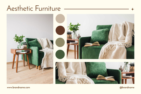 Естетичні меблі в зелено-коричневому дизайні Mood Board – шаблон для дизайну