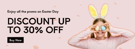 Ontwerpsjabloon van Facebook cover van Easter Discount Offer with Cheerful Child Holding Dyed Eggs