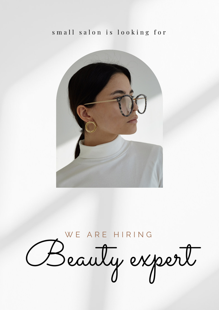Beauty Expert Vacancy Ad with Confident Young Woman Poster Modelo de Design
